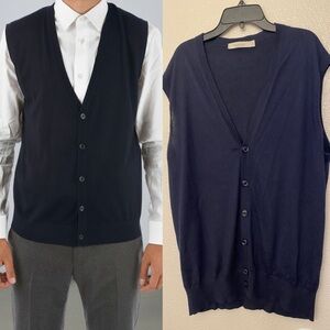 Ermenegildo Zegna V Neck cashmere silk navy blue knit vest Made in Italy XL